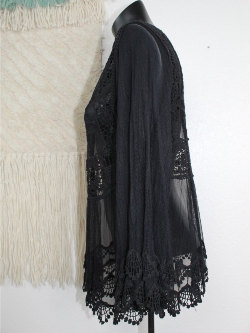 Shyanne Medium Black Sheer Lace Crochet Peplum Top Bell sleeve wester wear - Picture 7 of 9